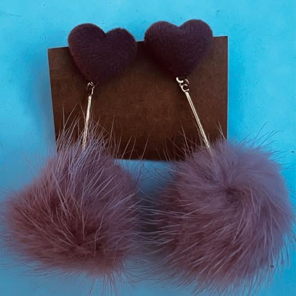 Heart Stud Dusty Rose Pom Pom Drop Earrings with Velvet